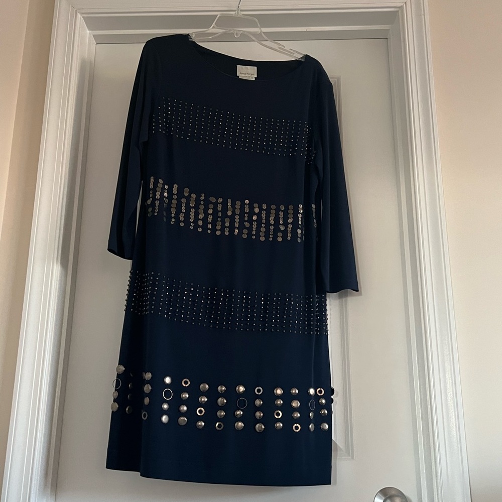 Navy blue dress with mixed metals.